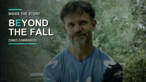 Beyond The Fall cinematic image of adaptive climber Sebastián “Zuko” Carrasco pushing through extreme mountain conditions.