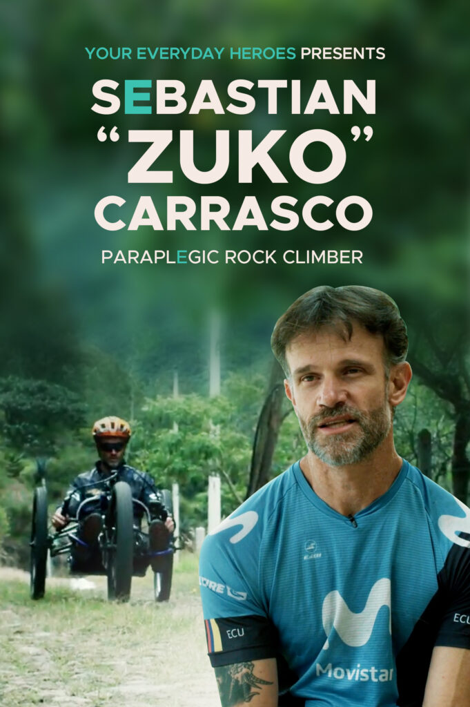 Movie poster for “Beyond the Fall” featuring Sebastián “Zuko” Carrasco in an adaptive mountain climbing chair high on a snowy glacier in Ecuador, dramatic sunrise over the Andes, cinematic lighting, emotional and inspirational atmosphere, rugged outdoor adventure aesthetic, wheelchair athlete overcoming adversity, epic mountain documentary style, powerful determination on his face, clouds below the summit, realistic film poster composition.