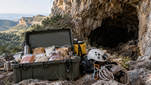 Cave expedition food supplies and climbing gear, illustrating Beatriz Flamini’s supported isolation challenge